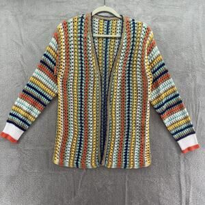 Colorful Sweater Womens M Orange Rainbow Striped Crochet Open Front Cardigan